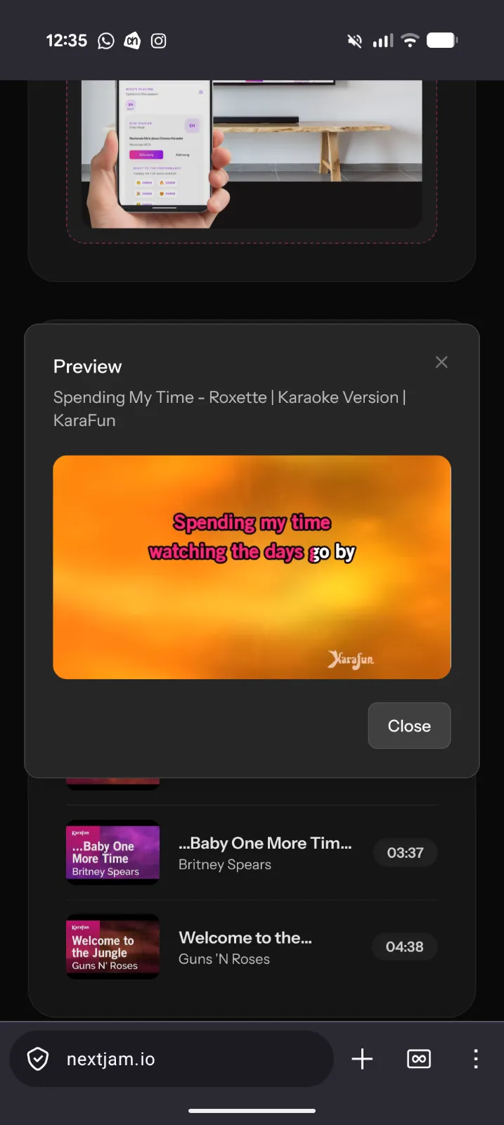 Screenshot showing the quickplay / preview window in a smartphone, playing a song from Roxette