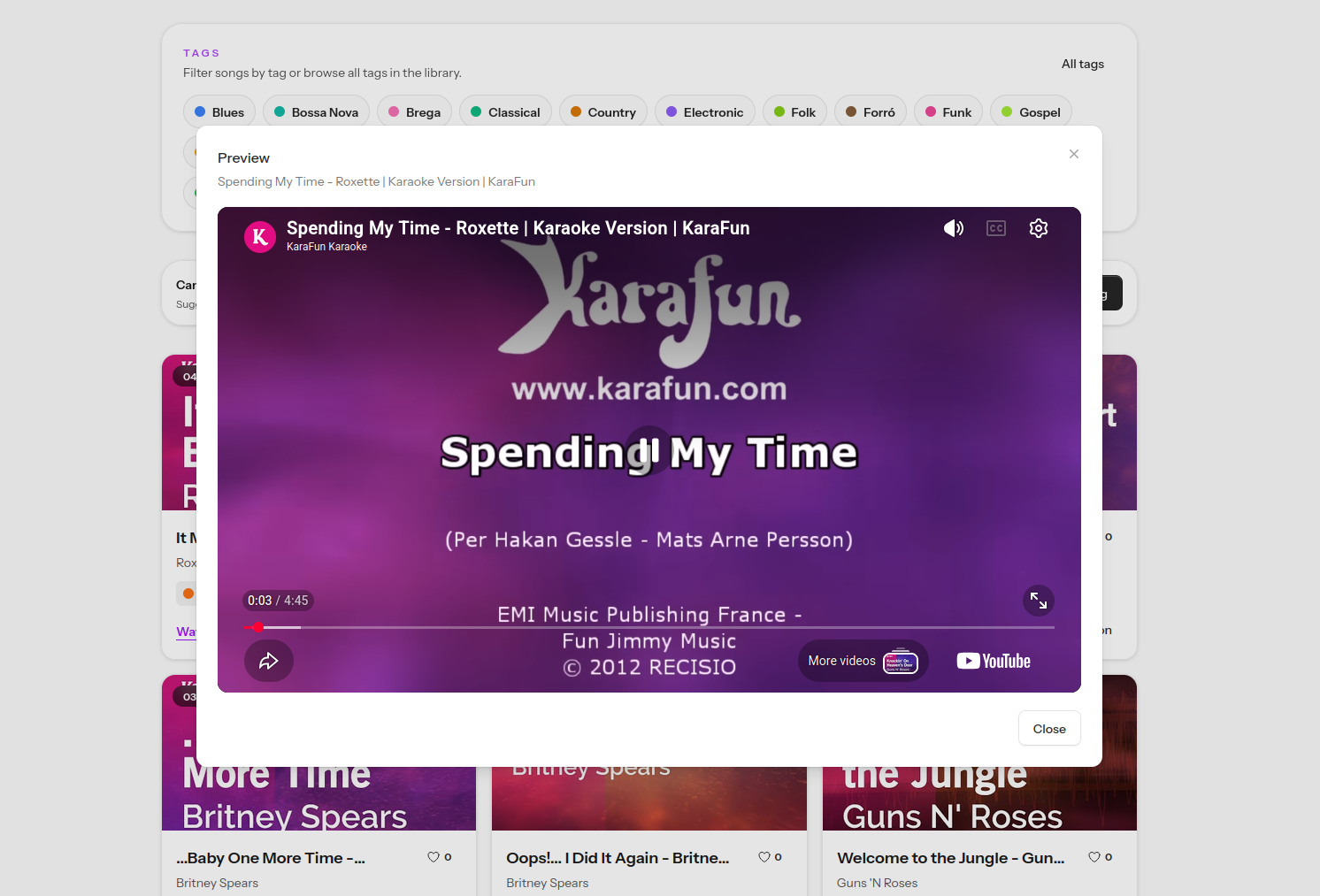 Screenshot showing the quickplay / preview window on a desktop playing Spending My time from Roxette
